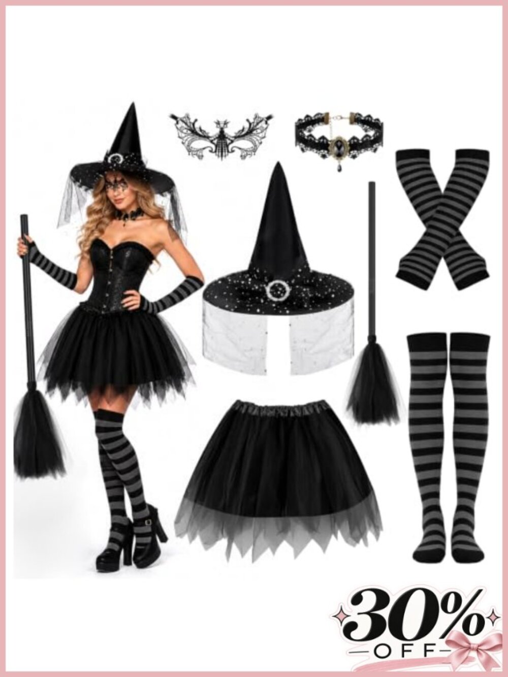 Witch Costume Set Tutu Skirt Hat Choker Socks Gloves Broom Cosplay